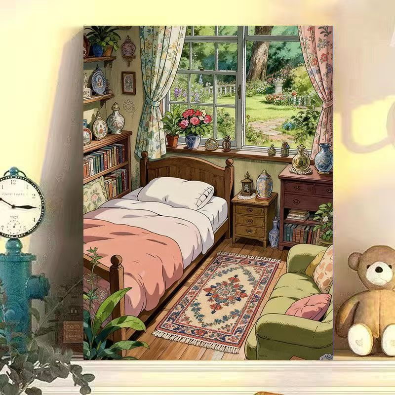 Interior Design Modern - Gemütliches Schlafzimmer mit Gartenblick, modernes Leinwand-Ölgemälde,
