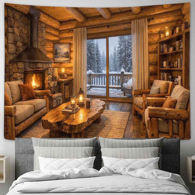 Interior Design Modern - Gemütliche Wandteppiche mit Kaminmotiv im Holzhüttenstil,
