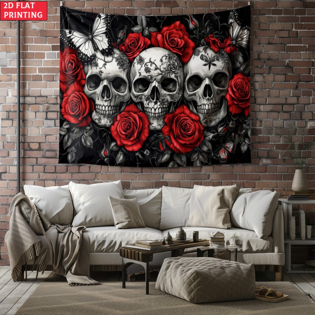 Interior Design Modern - ungerahmter Totenkopf und Rosen, Gothic-Wandteppich, dunkle